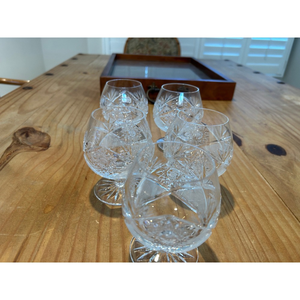Vintage Cut Crystal Brandy Snifters Set of 5 Starburst Diamond Pattern Clear - Picture 4 of 5